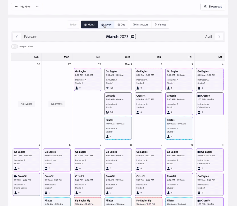 Daily, weekly, monthly or today view of the TeamUp business Calendar.