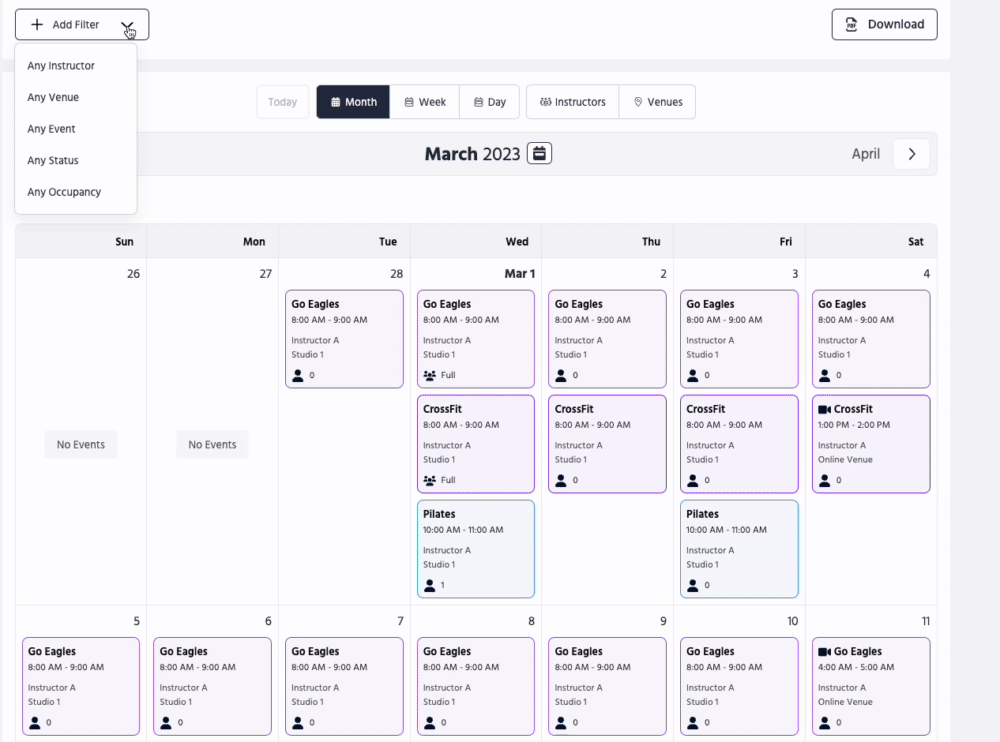 The venue filter on the TeamUp business Calendar.