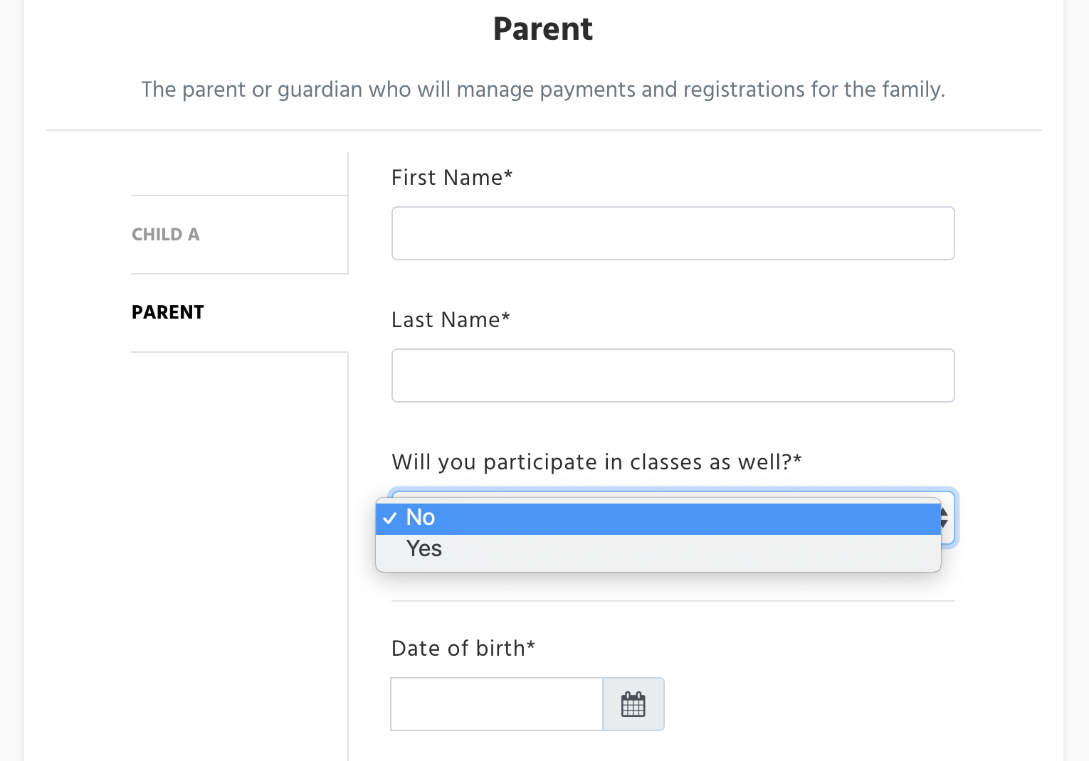 Non-paricipating parent sign up form, with the field "Will you paricipate in classes as well?", no highlighted.