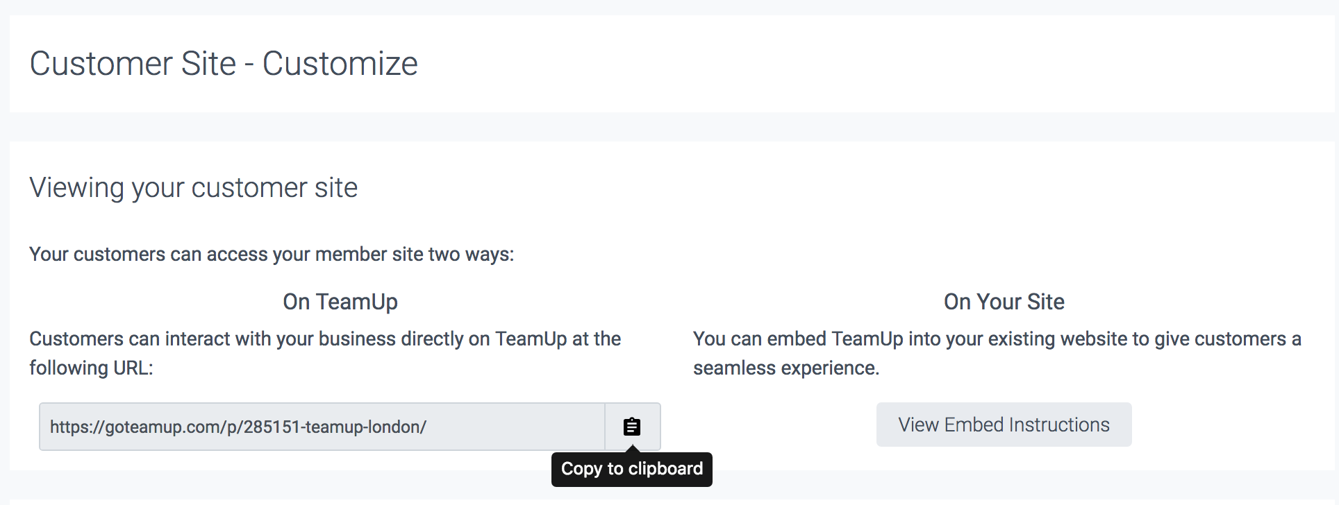 Image of the Customer Site section of TeamUp, including how to copy the link. 