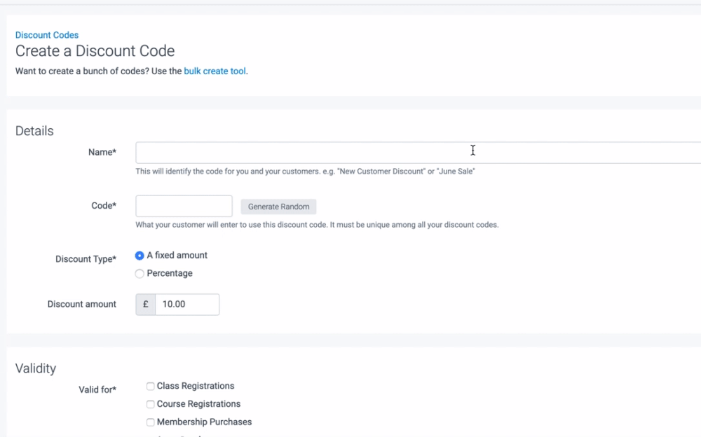 TeamUp discount code create form random code.