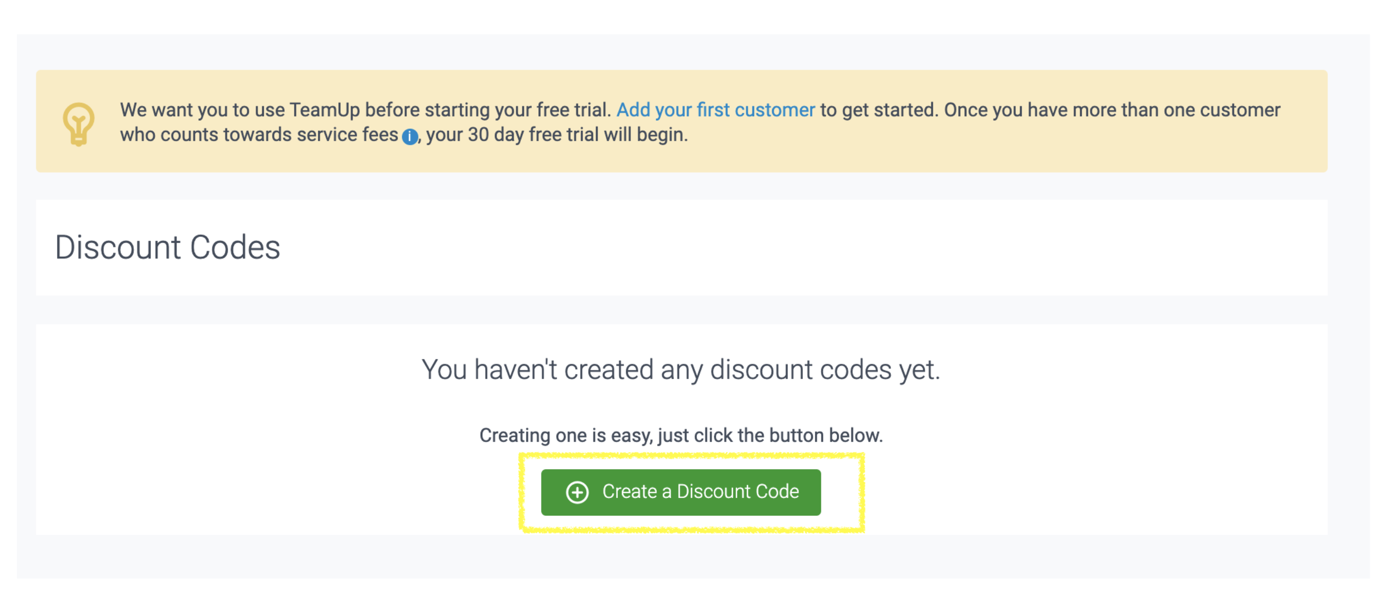 TeamUp discount code create form.