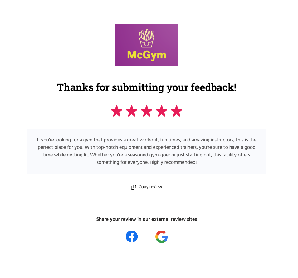 Post review thank you page for a 4 or 5-star rating.