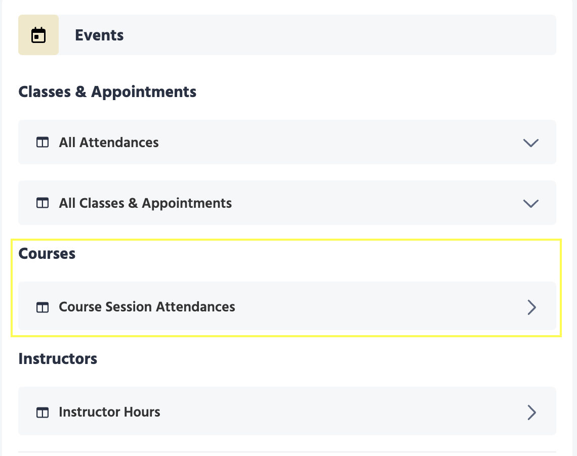 The events report menu in TeamUp, with the Course Session Attendances report highlighted in yellow.