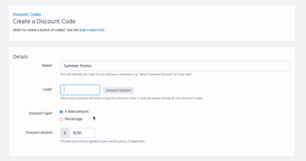 TeamUp discount code create form custom code.